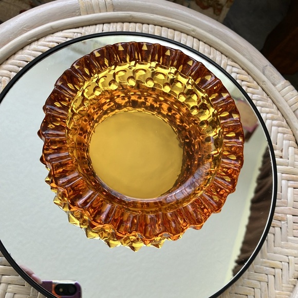 VINTAGE FENTON 5” AMBER ORANGE GLASS HOBNAIL AND RUFFLE TOP ASHTRAY- no decal - Picture 6 of 14